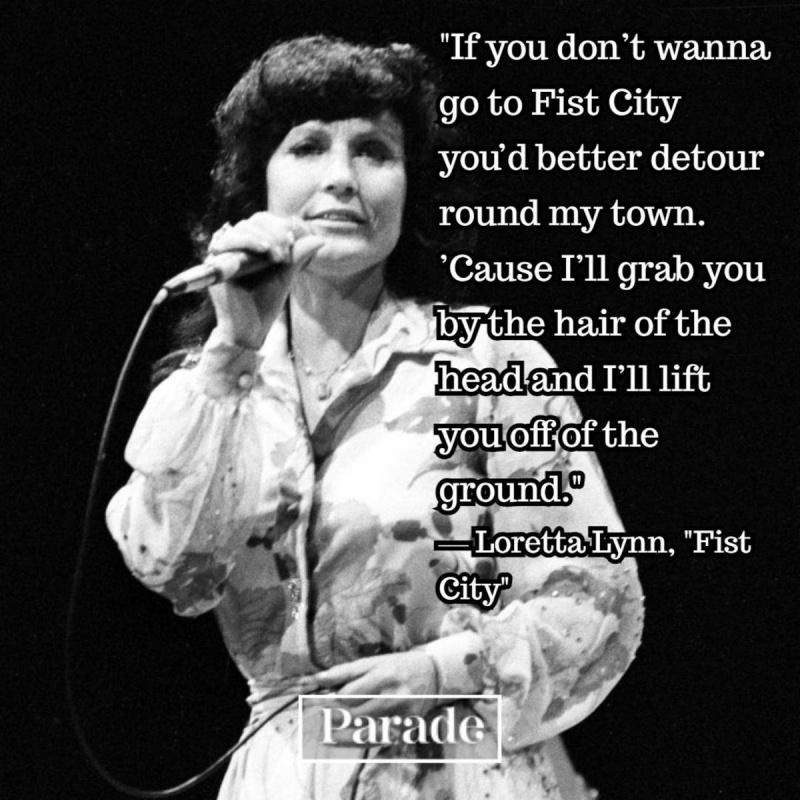   كلمات لوريتا لين ل"Fist City" are seen over a black and white photo of a young Loretta Lynn .