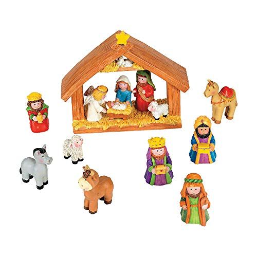 Fun Express Mini Christmas Nativity Set Stable with Jesus Mary Joseph Wisemen - 9 κομμάτια κόκκινο, μπλε, πράσινο, μπεζ, καφέ
