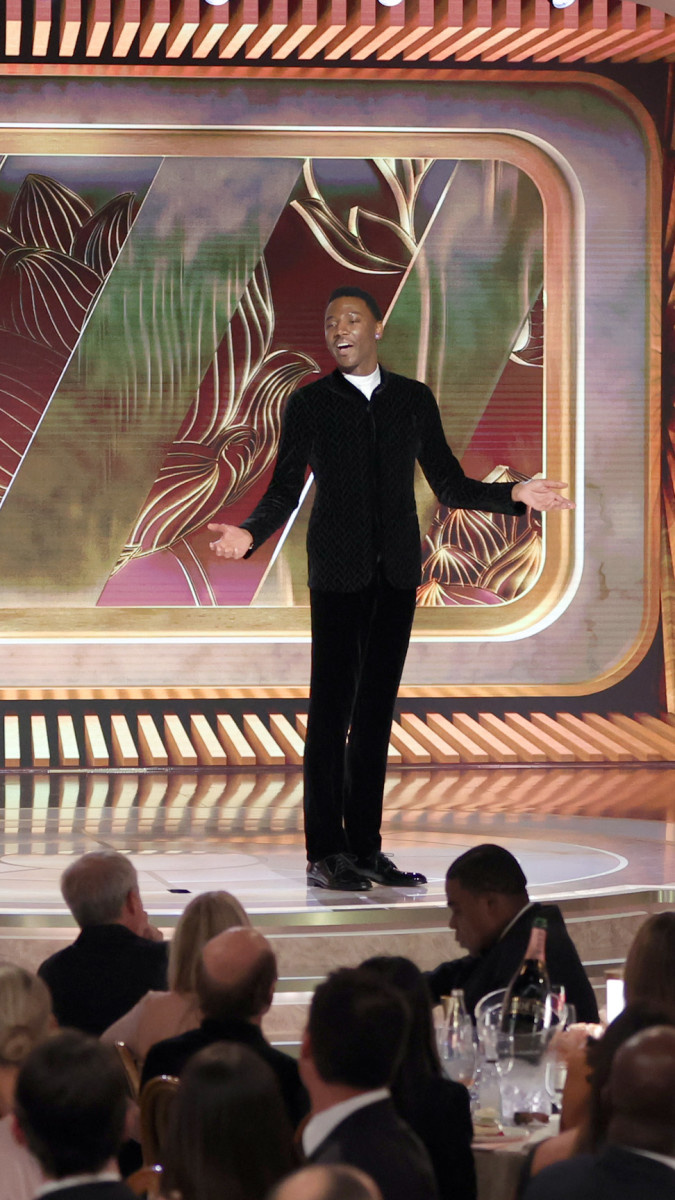   BEVERLY HILLS, KALIFORNIJA – SAUSIO 10 D.: 80-ieji kasmetiniai GOLDEN GLOBE APDOVANOJIMAI – Nuotraukoje: laidos vedėjas Jerrodas Carmichaelis kalba 80-osios metinės „Auksinio gaublio“ apdovanojimų ceremonijos scenoje, 2019 m. sausio 10 d. Beverly Hilton viešbutyje, Beverli Hilse, Kalifornijoje. -- (Nuotrauka Rich Polk / NBC per Getty Images)