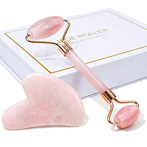 Jade Roller & Gua Sha, Face Roller, Facial Beauty Roller Huidverzorgingstools, BAIMEI Rozenkwarts Massager voor Gezicht, Ogen, Nek, Lichaam Spieren Ontspannen en fijne lijntjes en rimpels verlichten