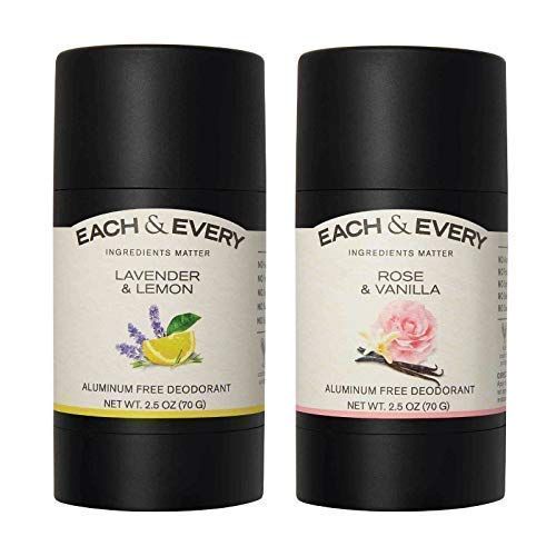 Elke 2-pack, natuurlijke aluminiumvrije deodorant voor de gevoelige huid gemaakt met essentiële oliën, plantaardige verpakking, 2,5 oz. (lavendel en citroen, roos en vanille)