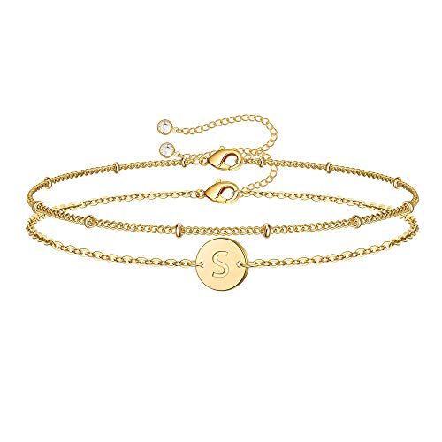 MONOZO Gold Initial Armbanden voor Dames, Sierlijk 14K Gold Filled Gelaagde Kralen S Letter Initial Armband Gepersonaliseerde Alfabet Disc Monogram Charm Armband Sieraden Geschenken voor Meisjes