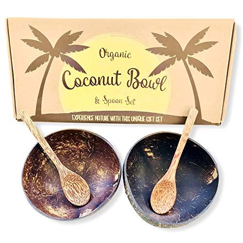 Coconut Bowls en Coconut Spoons Gift Set (Set van 2 Coco Bowls + 2 Coco Lepels) - 100% natuurlijk - Veganistisch - Handgemaakt - Eco-vriendelijk - Gemaakt van teruggewonnen kokosnootschalen - Artisan Craft