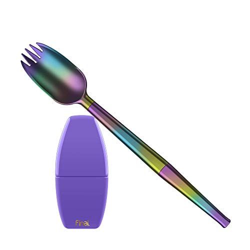 Sudedamas, daugkartinio naudojimo metalinis „Spork“ su kelioniniu dėklu „FinalSpork“ Kišeninis | Nerūdijančio plieno ir platinos klasės silikonas Ekologiškas | Purpurinis purpurinis dėklas, vaivorykštė „Spork“