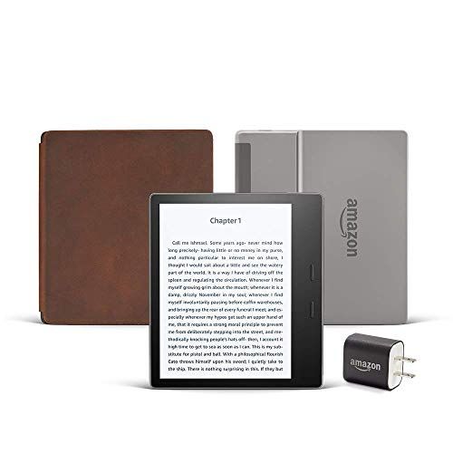 „Kindle Oasis Essentials“ rinkinys, įskaitant „Kindle Oasis“ (grafitas, palaikomas su skelbimais), „Amazon Premium“ odos dangtelis ir maitinimo adapteris