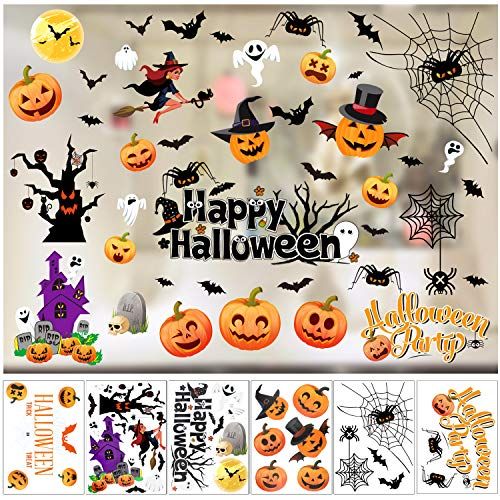 Konsait 43st Halloween Decals Raamstickers Klampt zich vast Happy Halloween Vleermuis Zwarte Kat Heks Spoken Pompoen Raamsticker voor Trick or Treat Accessoires Halloween Party Decoraties Benodigdheden Gunst