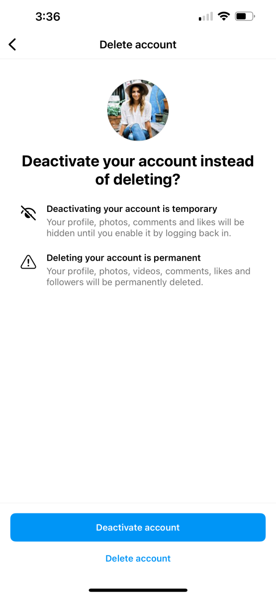 Instagram アカウントを削除する方法を示すスクリーンショット