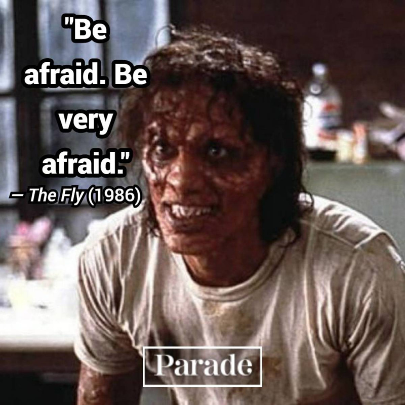 Citatos iš siaubo filmų: 'Bijokite. Labai bijokite' iš 1986 m's "The Fly." Text is super-imposed over an image of Jeff Goldblum transforming into a fly from the film.