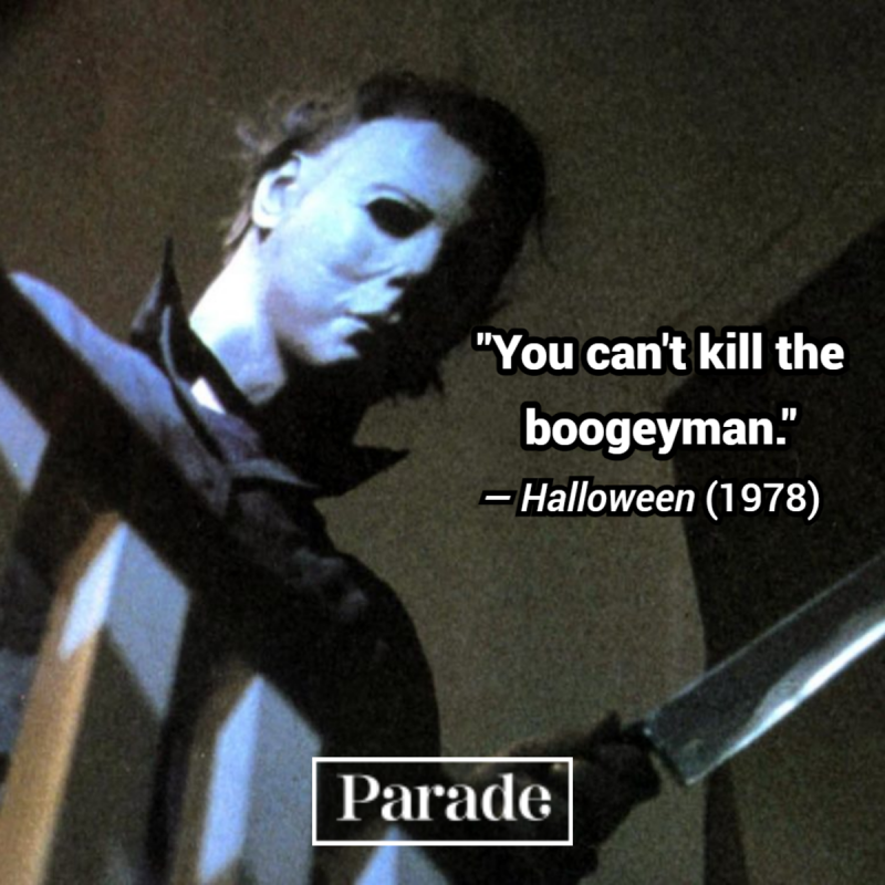'Tu gali't kill the boogeyman." - Horror movie quote from "Halloween" (1978) with image of Michael Myers holding a knife at the top of a staircase