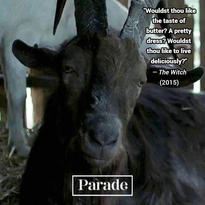 Siaubo filmų citatos:"Wouldst thou like the taste of butter? A pretty dress? Wouldst thou like to live deliciously?" from "The Witch" 2019 character Black Phillip the goat