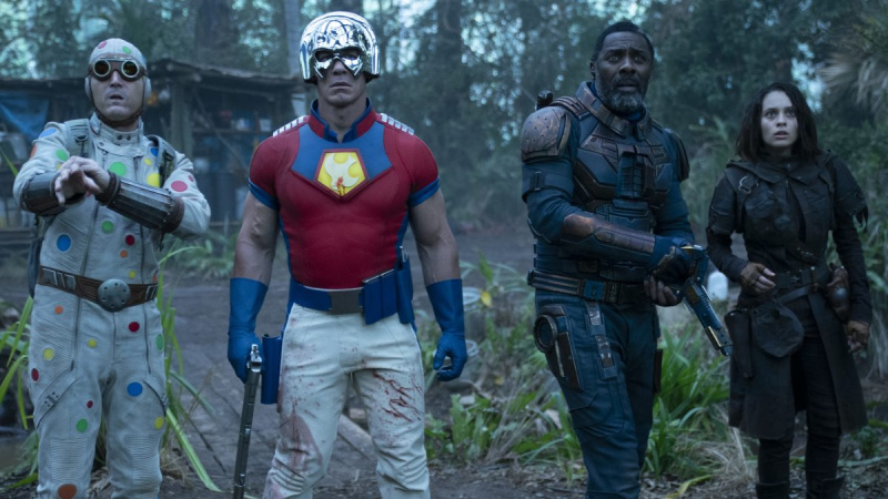   David Dastmalchian come Polka Dot Man, John Cena come Peacemaker, Idris Elba come Bloodsport e Daniela Melchior come Ratcatcher 2 in James Gunn's "The Suicide Squad"