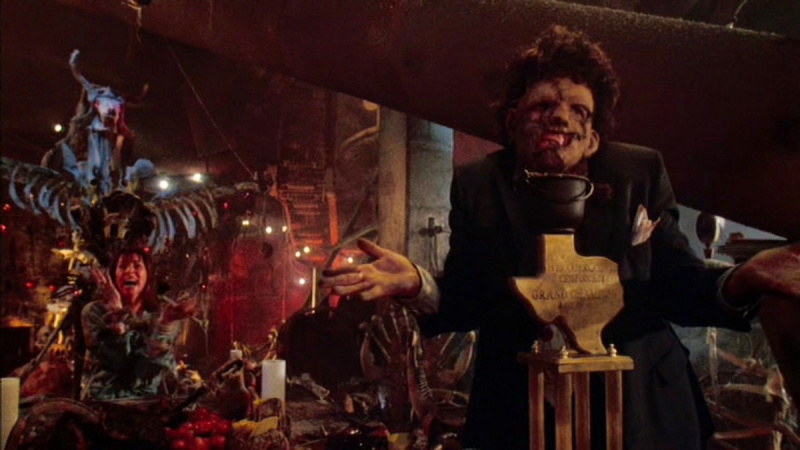 Leatherface in de horrorkomediefilm"The Texas Chainsaw Massacre Part 2"