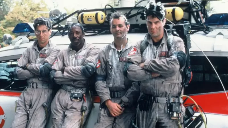 Harold Ramis, Ernie Hudson, Bill Murray en Dan Aykroyd in de horrorkomediefilm"Ghostbusters" (1984)