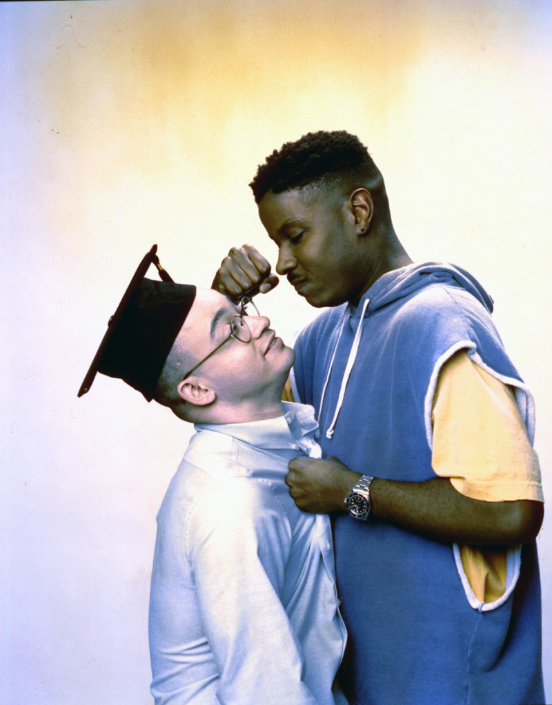   Porträt des Rap-Duos Kid'n Play, composed of Christopher 'Kid' Reid (left) and Christopher 'Play' Martin, in a promotional still for their movie 'House Party,' Los Angeles, California, 1990s. (Photo by Anthony Barboza/Getty Images)