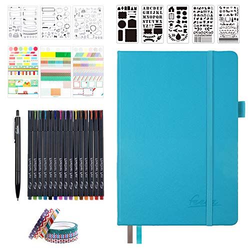 Kit diario Bullet punteggiato, set di diario a griglia punteggiato Feela A5 con 224 pagine taccuino verde acqua, penne colorate Fineliner, stencil, adesivi, nastro adesivo Washi, penna nera per agenda agenda.