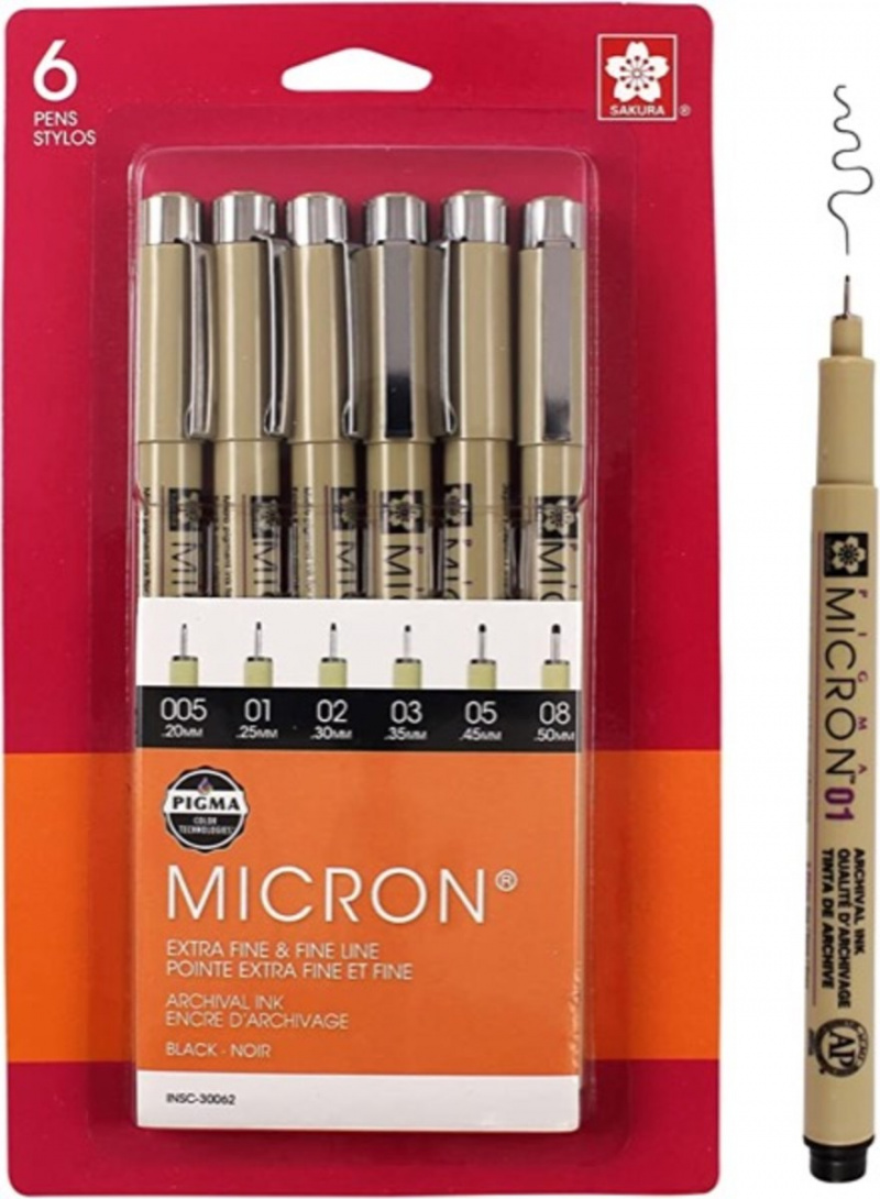 Sakura Pigma 30062 Micron Blister Card tintes pildspalvu komplekts, melns, ēzelis't Point Sizes 6CT Set, Beige