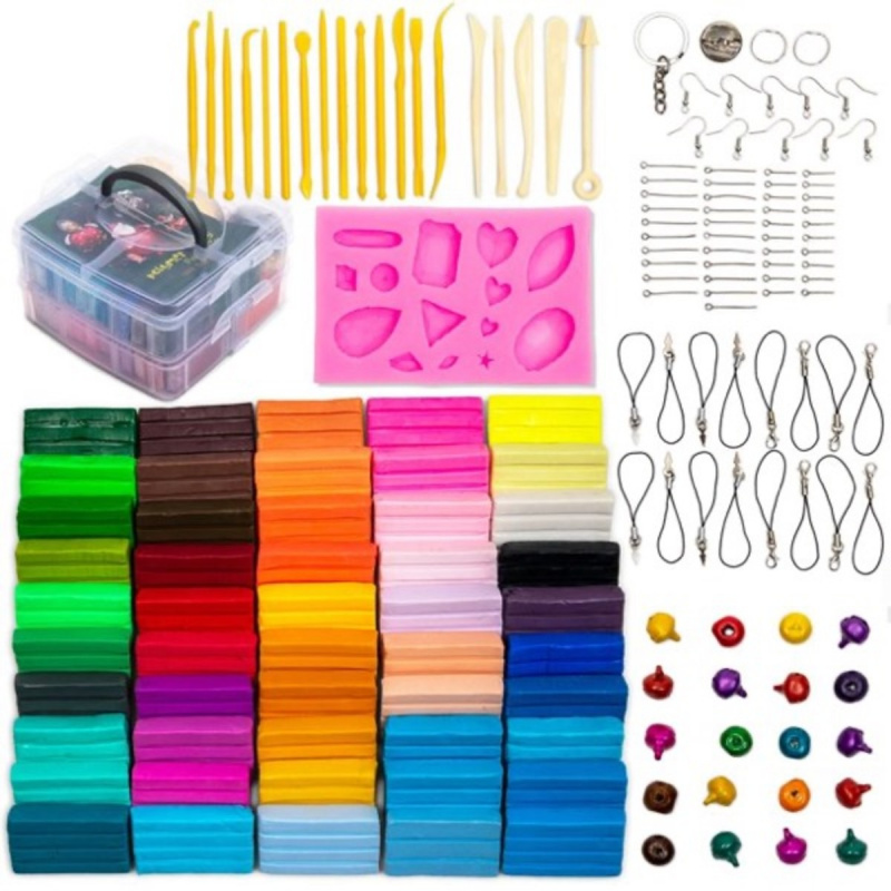 Bright Creations polimēru māla komplekts ar tēlniecības rīkiem Veidnes, 50 krāsas krāsnī cepams māla bloku komplekts bērnu amatniecībai, rotaslietu izgatavošanai, auskaru piederumi