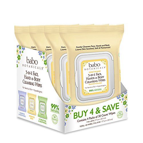 Babo Botanicals Sensitive Baby 3-in-1 Gesichts-, Hand- und Körpertücher mit Hafermilch & Bio-Calendula, hypoallergen, vegan - 30 Stück (4er Pack)