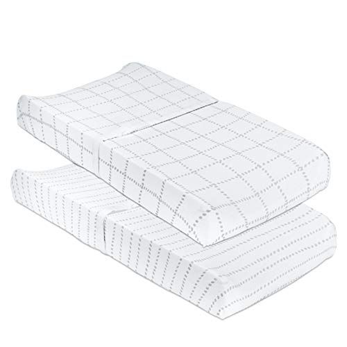 Petit Dreams Wickelauflagenbezug Jersey-Baumwollstrick für Babys oder Babys, auch als Wiegenlaken, grau gepunktete Streifen & graue Gitterlinien, (2er Pack)