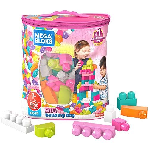 Mega Bloks First Builders Big Building Bag mit Big Building Blocks, Bauspielzeug für Kleinkinder (80 Stück) - Pink Bag