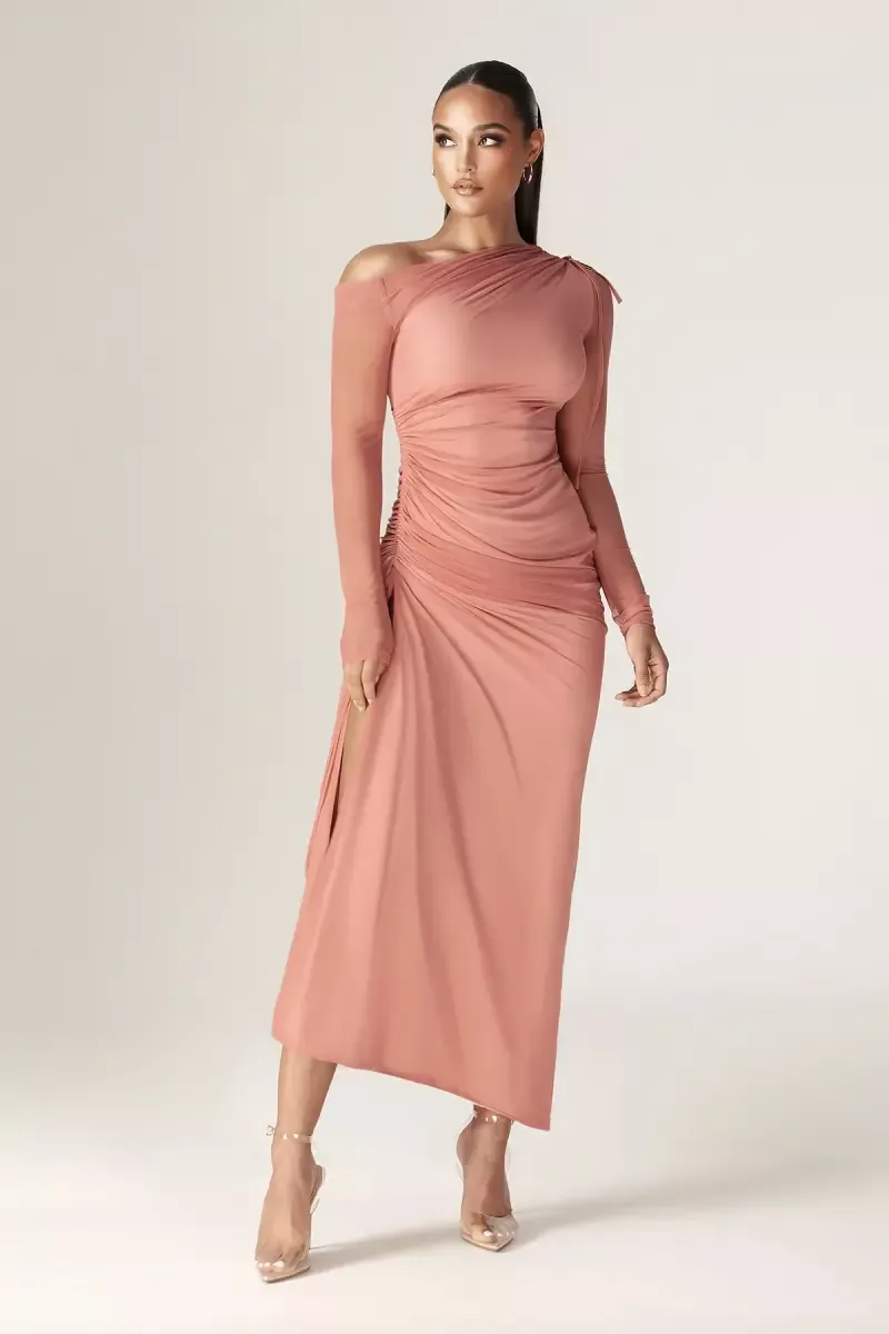   Abito lungo Alieva Dua Organza increspato maglia manica lunga cut-out (rosa)