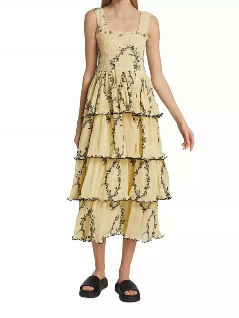   Abito midi a balze in georgette floreale di Ganni