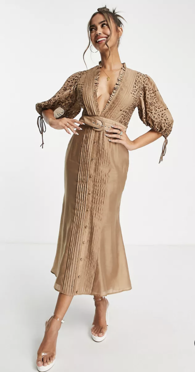   ASOS Design - Vestito midi con inserto in pizzo con maniche a sbuffo e cintura